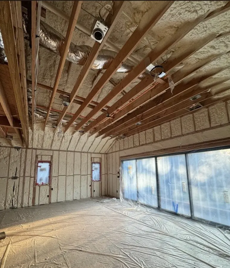 Interior walls and ceiling insulated with spray foam during new construction in Miamisburg